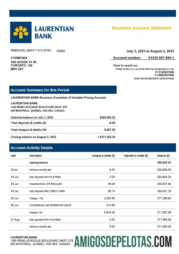 Em branco Laurentian Bank Enterprise modelo de extrato de conta Word e PDF